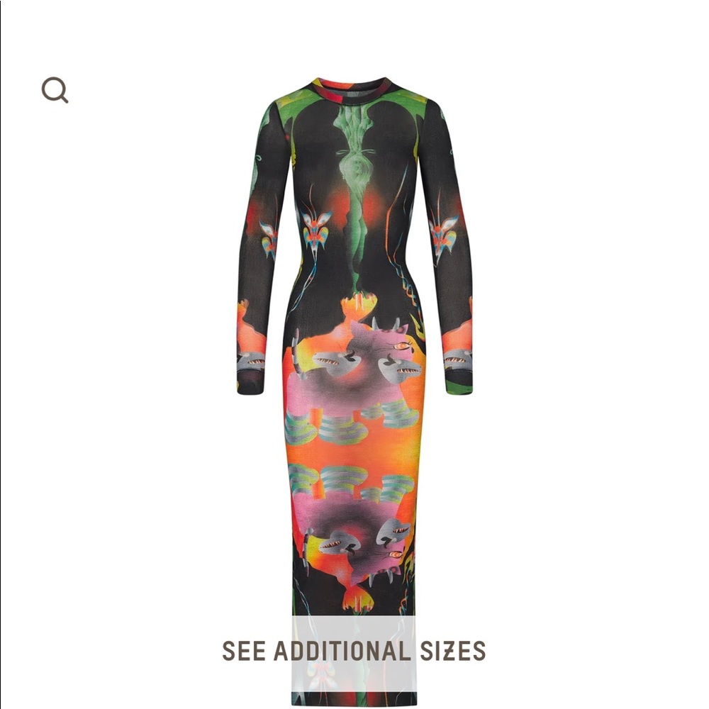 SKIMS SUMMER MESH LONG SLEEVE DRESS in OBSIDIAN PRINT Size S